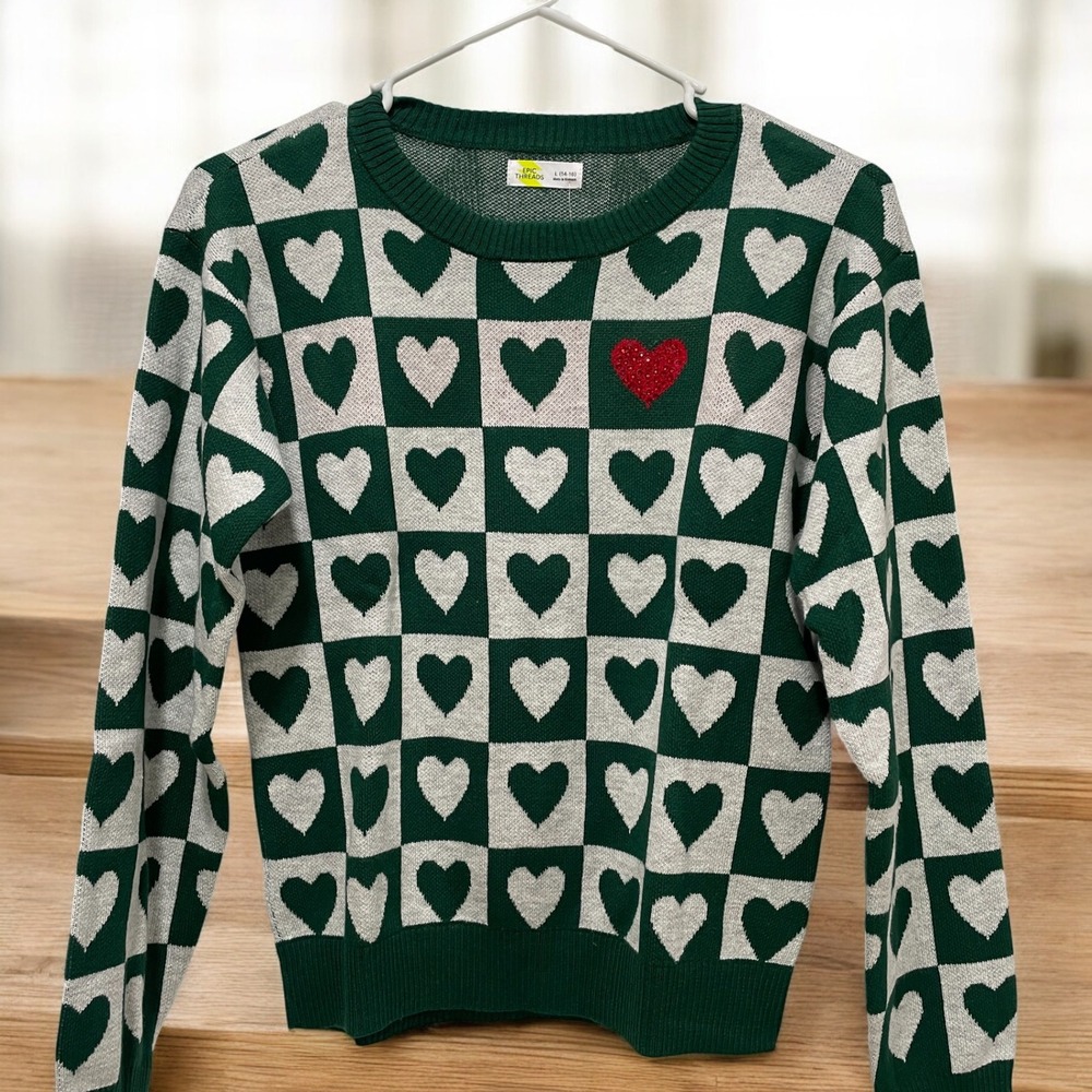 Epic Threads Heart Checkered Sweater Green‎ L Coquette Cottagecore Soft Girl NWT